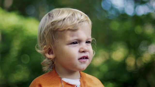 Portrait of little toddler boy cosplay gnome or hobbit in orange cape in green forest. Halloween, kid concept. Amazing golden hour light. Slow motion. 