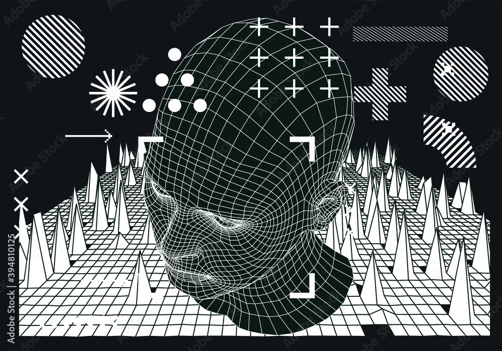 Poster silhouette of 3d low poly human head. concept of artificial intelligence and neural network.