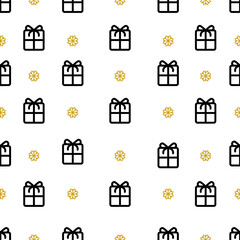 New year seamless pattern in thin line style Gifts boxes and golden snowflakes on white background