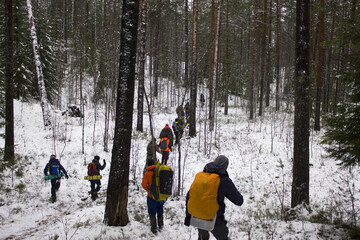 First aid training. People walk the route where various injuries in the winter forest will be...