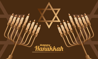 happy hanukkah celebration with candelabrums and jewish star