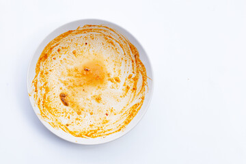 Dirty dishe on white background. Top view