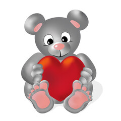 Sitzender grauer Bär mit großem roten Herz auf weißem Hintergrund.