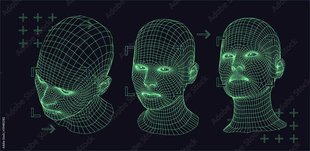 Poster silhouette of 3d low poly human head. concept of artificial intelligence and neural network.