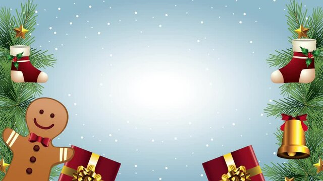 happy merry christmas card with gifts and gingerman