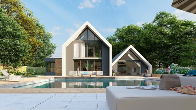 Contemporary pitched roof house with pool and garden
