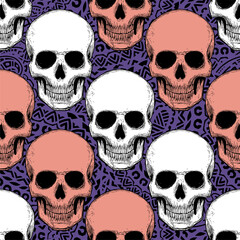 Seamless pattern with hand drawn skulls.