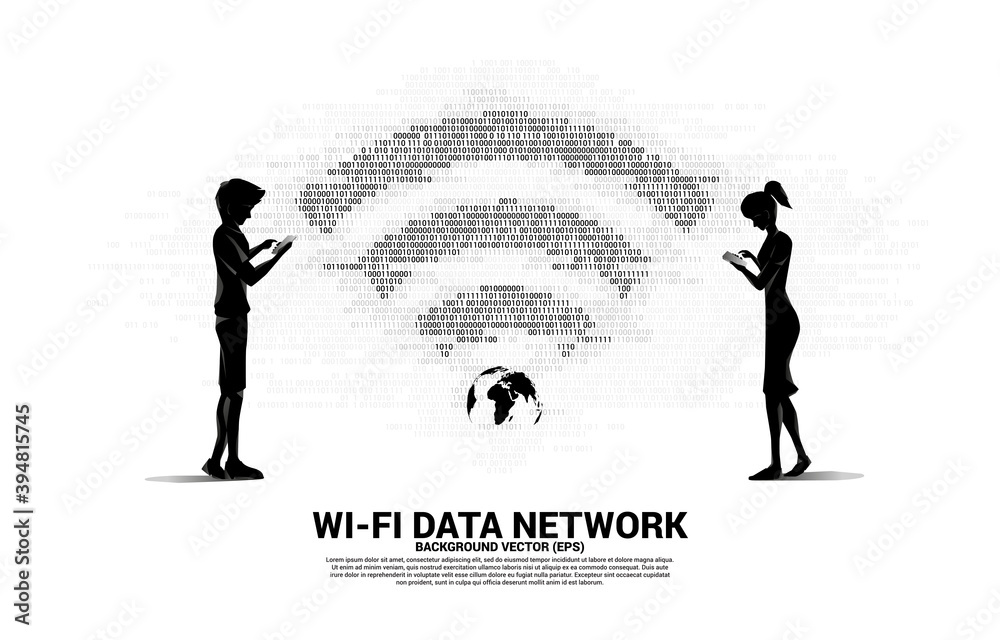 Poster silhouette man and woman with mobile phone and wi-fi network icon. concept for mobile telecommunicat