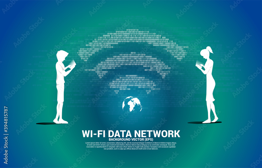 Poster silhouette man and woman with mobile phone and wi-fi network icon. concept for mobile telecommunicat