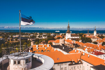 Estonian flag on Tall Hermann Tower in the Old Town of Tallinn, Estonia