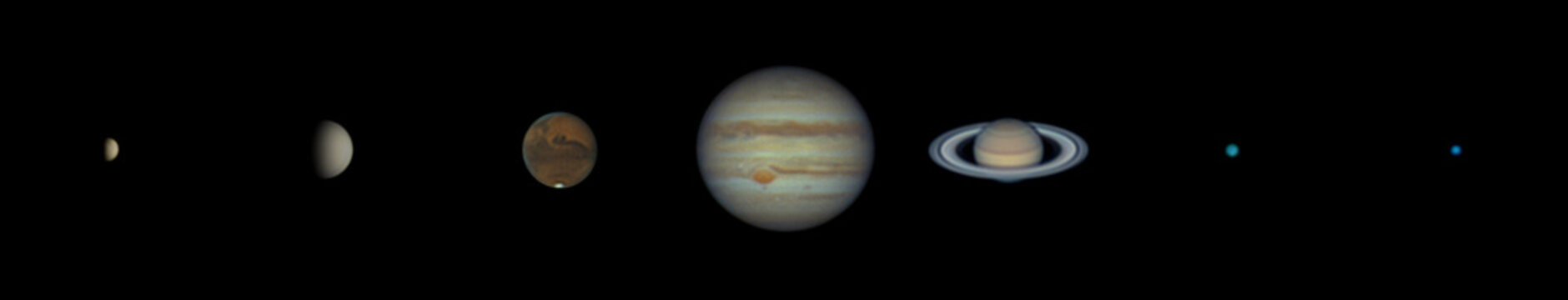 The seven extraterrestrial planets of the solar system: Mercury, Venus, Mars, Jupiter, Saturn, Uranus, Neptune. Photographed in 2020 with a Maksutov telescope from Mannheim and Ilvesheim in Germany.