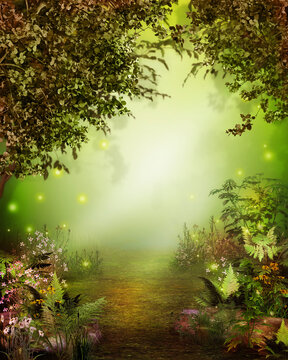 Magical enchanting forest opening with a heavenly light