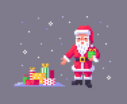 Pixel art Santa Claus gives many gifts.