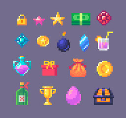 Obraz premium Pixel art game interface bonus elements.