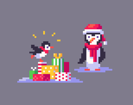 Pixel art penguins are enjoying the Christmas holidays.
