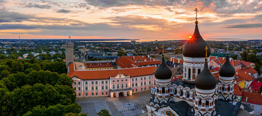 Aerial sunset view of the Alexander Nevsky Cathedral, an orthodox cathedral in the Tallinn Old Town, Estonia.