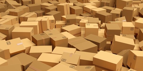 Frame filling stack or heap of brown carton cardboard boxes background, freight, delivery or shipping concept