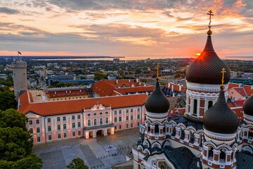 Aerial sunset view of the Alexander Nevsky Cathedral, an orthodox cathedral in the Tallinn Old...