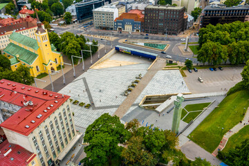 Amazing aerial drone shot of old town of Tallinn, Estonia at sunset