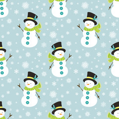 Christmas seamless pattern with snowman andsnowflakes on a bright blue background for New Year, Christmas holiday, wallpaper, wrapper, background