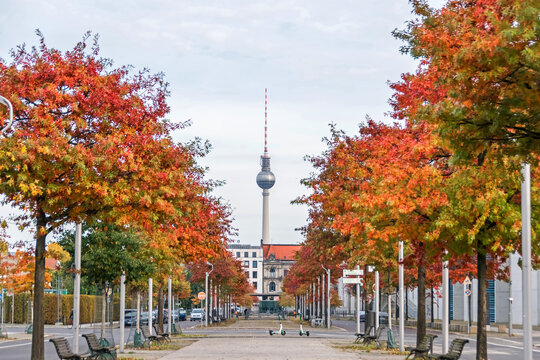 Paul Loebe Allee and television tower in Berlin, Germany