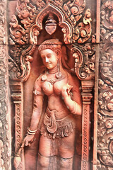 Banteay Srei temple reliefs colorful painting looks like picture, Angkor, Cambodia.
