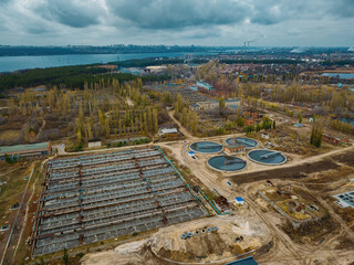Sewage treatment plant, aerial view from drone