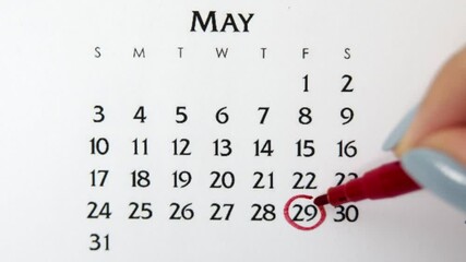 Female hand circle day in calendar date with a red marker. Business Basics Wall Calendar Planner and Organizer. May 29th