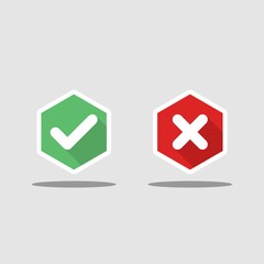 Check and wrong marks, Tick and cross marks, Accepted/Rejected, Approved/Disapproved, Yes/No, Right/Wrong, Green/Red, Correct/False, Ok/Not Ok - vector mark symbols in green and red. White stroke and 