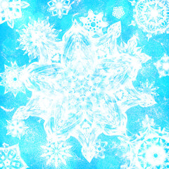 Blue winter pattern with traditional elements. Luxury Christmas texture, frozen snowflakes. Boho textile background, bokeh backdrop