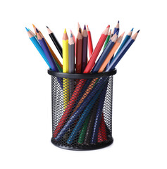 Many colorful pencils in holder isolated on white
