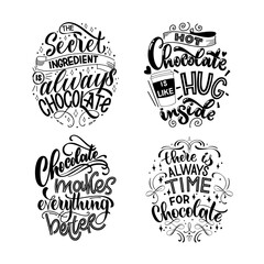 Chocolate hand lettering quotes set. Warm Christmas winter word composition. Vector design elements for t-shirts, bag, poster, card, stickers and menu