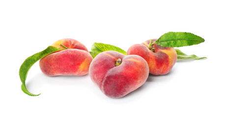 Fresh donut peaches with leaves on white background