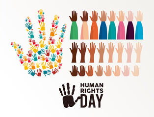 human rights day poster with hands up and hands prints
