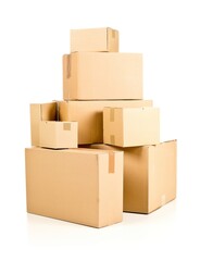 Stack or heap of brown carton cardboard boxes over white, freight, deilvery or shipping concept