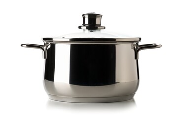 Empty stainless steel cooking pot with glass lid over white background, cooking or kitchen utensil