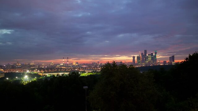 sunset sky moscow city vorobyovy gori luzhniki stadium panorama 4k timelapse russia