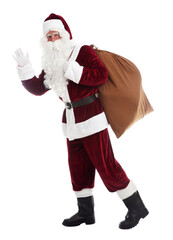 Santa Claus with sack walking on white background