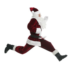 Santa Claus in red costume jumping on white background