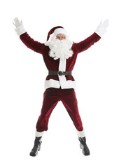 Santa Claus in red costume jumping on white background