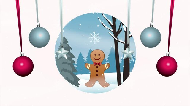 happy merry christmas card with balls hanging and gingerman