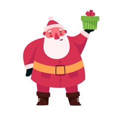 Christmas Funny happy Santa Claus character with gift present. New year flat cartoon vector illustrations isolated on white background. For Christmas cards, banners, posters.