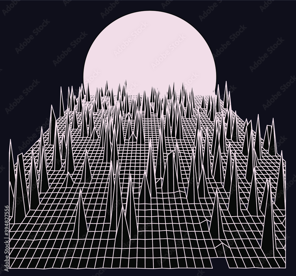 Poster synthwave landscape with infinite laser grid. retro 80's and 90's style aesthetics.
