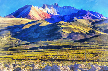 Beautiful scenery landscape with mountain valley colorful painting, Uyuni salt flat, Bolivia.