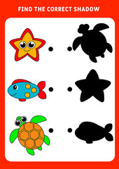 Find the correct shadow. Set -Funny little Starfish, fish, sea turtle. Educational matching game for kids. Worksheet for preschoolers. Vector illustration.
