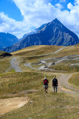 Fototapeta premium Old man and woman hiking in Ecrins alpine mountain range in summer, Les deux Alpes, France