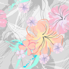 Pink Flowers Blooming Pattern. Pastel Watercolor.