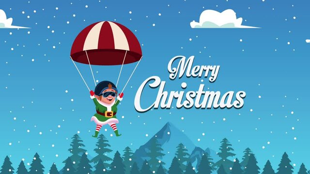 happy merry christmas lettering card with elf in parachute