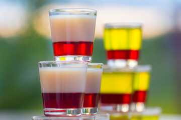 Close up view on colored glass shots