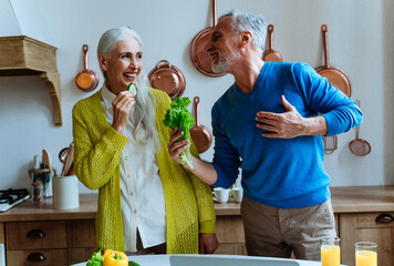 Happy senior couple lifestyle moments inside their beautiful countryside house